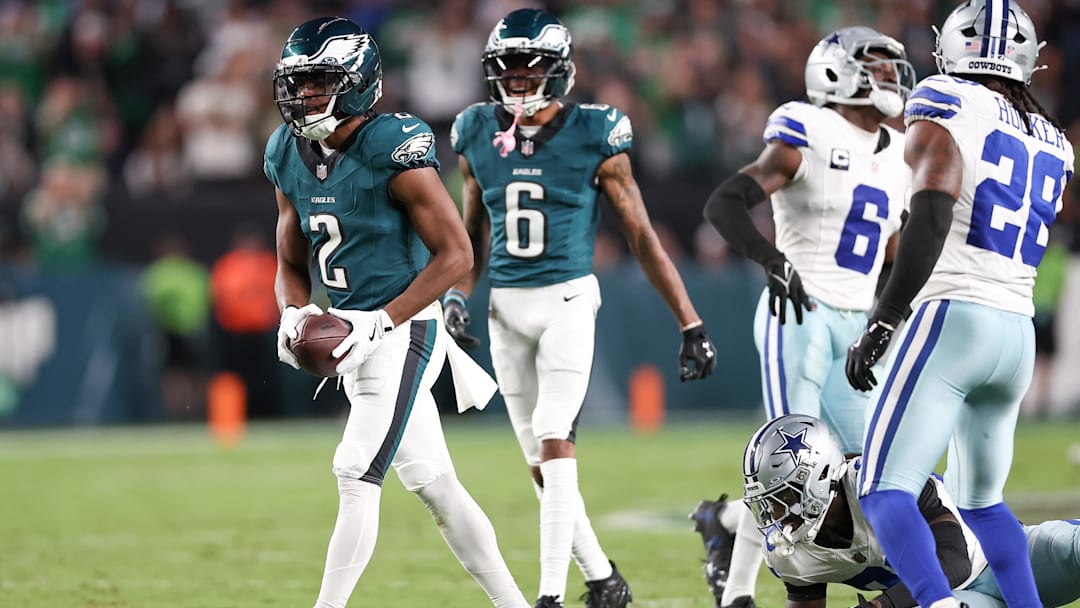 Sep 4, 2025; Philadelphia, Pennsylvania, USA; Philadelphia Eagles wide receiver Jahan Dotson (2) reacts after a reception against the Dallas Cowboys during the second quarter of the game at Lincoln Financial Field. Mandatory Credit: Bill Streicher-Imagn Images
