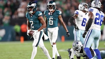 Sep 4, 2025; Philadelphia, Pennsylvania, USA; Philadelphia Eagles wide receiver Jahan Dotson (2) reacts after a reception against the Dallas Cowboys during the second quarter of the game at Lincoln Financial Field. Mandatory Credit: Bill Streicher-Imagn Images