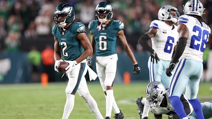 Sep 4, 2025; Philadelphia, Pennsylvania, USA; Philadelphia Eagles wide receiver Jahan Dotson (2) reacts after a reception against the Dallas Cowboys during the second quarter of the game at Lincoln Financial Field. Mandatory Credit: Bill Streicher-Imagn Images
