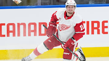 Apr 17, 2025; Toronto, Ontario, CAN; Detroit Red Wings right wing Vladimir Tarasenko (11) stretches during the warmup before a game against the Toronto Maple Leafs at Scotiabank Arena. Mandatory Credit: Nick Turchiaro-Imagn Images