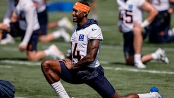 Jul 23, 2025; Englewood, CO, USA; Denver Broncos wide receiver Courtland Sutton (14) during Denver Broncos Training Camp. Mandatory Credit: Isaiah J. Downing-Imagn Images