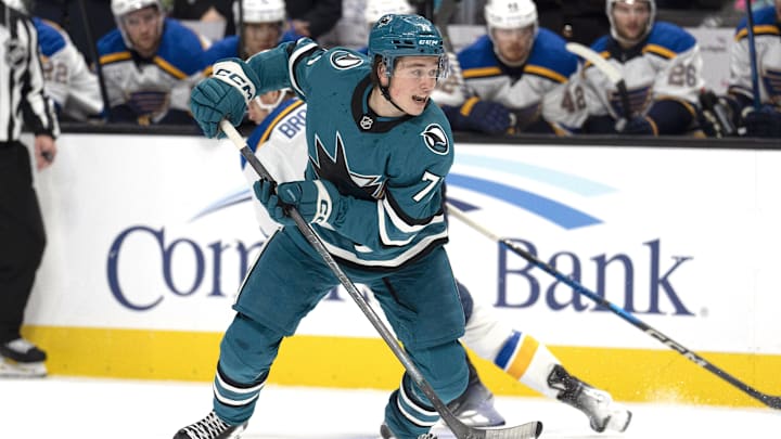 Oct 10, 2024; San Jose, California, USA; San Jose Sharks center Macklin Celebrini (71) chases after the puck during the second period against the St. Louis Blues at SAP Center at San Jose. Mandatory Credit: Stan Szeto-Imagn Images Oct 10, 2024; San Jose, California, USA; San Jose Sharks center Macklin Celebrini (71) chases after the puck during the second period against the St. Louis Blues at SAP Center at San Jose. Mandatory Credit: Stan Szeto-Imagn Images