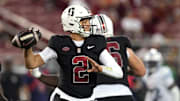 Oct 19, 2024; Stanford, California, USA; Stanford Cardinal quarterback Elijah Brown (2) throws a pass against the Southern Methodist Mustangs during the second quarter at Stanford Stadium. Mandatory Credit: Darren Yamashita-Imagn Images