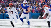 Dec 7, 2025; Orchard Park, New York, USA; Buffalo Bills tight end Dalton Kincaid (86) runs with the ball in the third quarter against the Cincinnati Bengals at Highmark Stadium