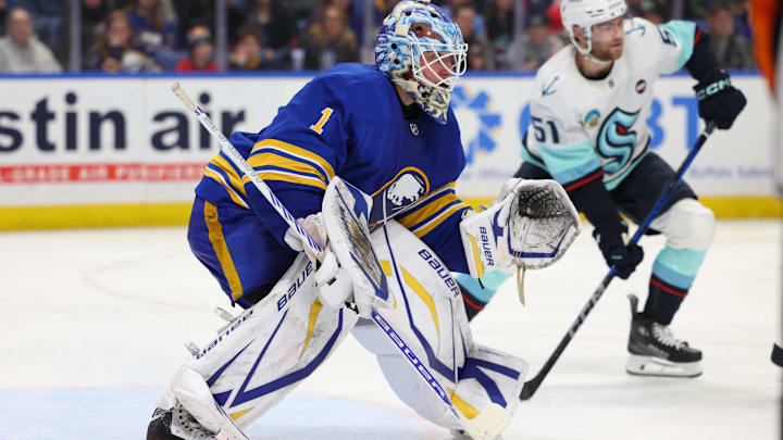 Jan 11, 2025; Buffalo, New York, USA;  Buffalo Sabres goaltender Ukko-Pekka Luukkonen (1) looks for the puck during the third period against the Seattle Kraken at KeyBank Center. Mandatory Credit: Timothy T. Ludwig-Imagn Images