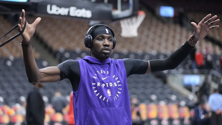 Feb 12, 2025; Toronto, Ontario, CAN; Toronto Raptors forward Chris Boucher (25) stretches during warm up before a game against the Cleveland Cavaliers at Scotiabank Arena. Mandatory Credit: John E. Sokolowski-Imagn Images Feb 12, 2025; Toronto, Ontario, CAN; Toronto Raptors forward Chris Boucher (25) stretches during warm up before a game against the Cleveland Cavaliers at Scotiabank Arena. Mandatory Credit: John E. Sokolowski-Imagn Images