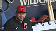 Oct 2, 2025; Cleveland, Ohio, USA; Cleveland Guardians manager Stephen Vogt (12) before game three of the Wildcard round for the 2025 MLB playoffs at Progressive Field. Mandatory Credit: Ken Blaze-Imagn Images