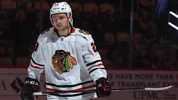 Apr 8, 2025; Pittsburgh, Pennsylvania, USA;  Chicago Blackhawks center Philipp Kurashev (23) warms up before the game against the Pittsburgh Penguins at PPG Paints Arena. Mandatory Credit: Charles LeClaire-Imagn Images