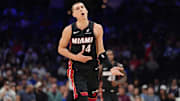 Mar 29, 2025; Philadelphia, Pennsylvania, USA; Miami Heat guard Tyler Herro (14) reacts after scoring against the Philadelphia 76ers in the fourth quarter at Wells Fargo Center. Mandatory Credit: Kyle Ross-Imagn Images