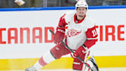 Apr 17, 2025; Toronto, Ontario, CAN; Detroit Red Wings right wing Vladimir Tarasenko (11) stretches during the warmup before a game against the Toronto Maple Leafs at Scotiabank Arena. Mandatory Credit: Nick Turchiaro-Imagn Images