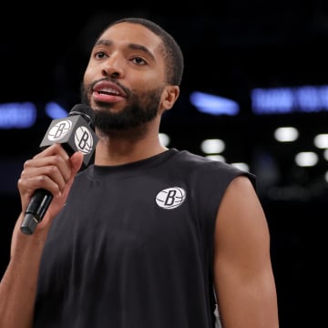 Apr 10, 2024; Brooklyn, New York, USA; Brooklyn Nets forward Mikal Bridges (1) addresses the fans before the team's final home game against the Toronto Raptors at Barclays Center. Mandatory Credit: Brad Penner-USA TODAY Sports