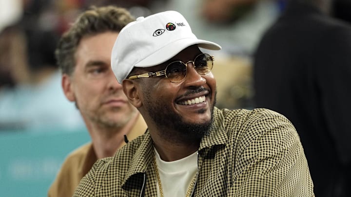 NBA legend Carmelo Anthony attends a Team USA men's basketball game at the Paris Olympics.