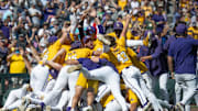 The LSU Tigers celebrate after defeating the Coastal Carolina Chanticleers to win the 2025 College World Series.