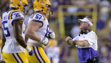 Oct 14, 2023; Baton Rouge, Louisiana, USA; LSU Tigers head coach Brian Kelly gestures during a game against the Auburn Tigers at Tiger Stadium. Mandatory Credit: Matthew Hinton-USA TODAY Sports