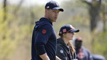 May 10, 2025; Lake Forest, IL, USA; Chicago Bears head coach Ben Johnson walks the field during rookie minicamp at Halas Hall. Mandatory Credit: David Banks-Imagn Images