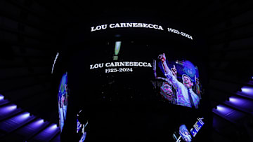 Dec 1, 2024; New York, New York, USA;  A graphic in memory of former New York Nets and St. John’s head coach Lou Carnesecca is displayed during a moment of silence prior to the start of the game between the New Orleans Pelicans and the New York Knicks at Madison Square Garden. 