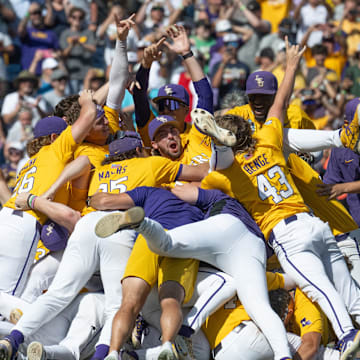 The LSU Tigers celebrate after defeating the Coastal Carolina Chanticleers to win the 2025 College World Series.