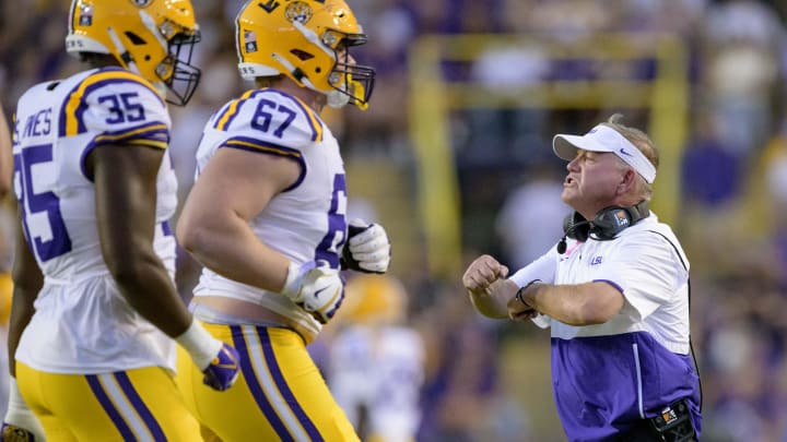 Oct 14, 2023; Baton Rouge, Louisiana, USA; LSU Tigers head coach Brian Kelly gestures during a game against the Auburn Tigers at Tiger Stadium. Mandatory Credit: Matthew Hinton-USA TODAY Sports