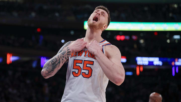 Jan 15, 2024; New York, New York, USA; New York Knicks center Isaiah Hartenstein (55) reacts after being called for a foul during the second half against the Orlando Magic at Madison Square Garden. Mandatory Credit: Vincent Carchietta-USA TODAY Sports