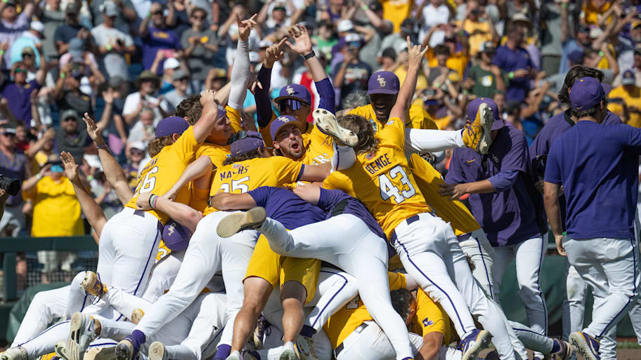 The LSU Tigers celebrate after defeating the Coastal Carolina Chanticleers to win the 2025 College World Series. | Steven Branscombe-Imagn Images