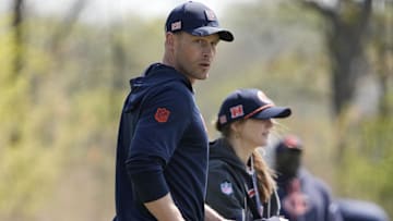 Chicago Bears head coach Ben Johnson walks the field during rookie minicamp at Halas Hall.