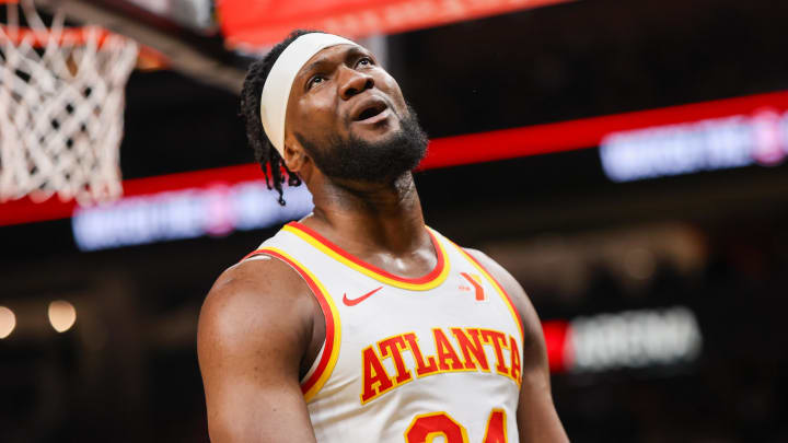 Feb 27, 2024; Atlanta, Georgia, USA; Atlanta Hawks forward Bruno Fernando (24) reacts after a call against the Utah Jazz in the second half at State Farm Arena. Mandatory Credit: Brett Davis-USA TODAY Sports
