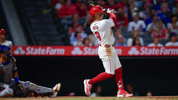 August 3, 2024; Anaheim, California, USA; Los Angeles Angels shortstop Zach Neto (9) hits a three run home run against the New York Mets during the seventh inning at Angel Stadium. Mandatory Credit: Gary A. Vasquez-USA TODAY Sports