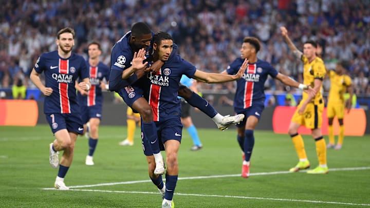 Ousmane Dembele und Achraf Hakimi am Jubeln. Ousmane Dembele und Achraf Hakimi am Jubeln.