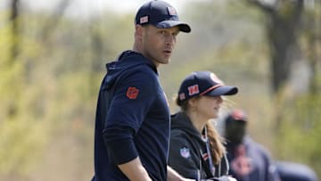 Chicago Bears head coach Ben Johnson walks the field during rookie minicamp at Halas Hall. Ma