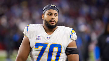Oct 21, 2024; Glendale, Arizona, USA; Los Angeles Chargers offensive tackle Rashawn Slater (70) against the Arizona Cardinals at State Farm Stadium. Mandatory Credit: Mark J. Rebilas-Imagn Images