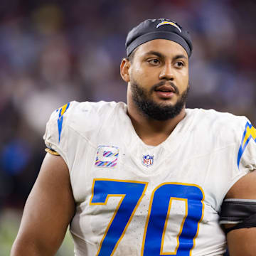 Oct 21, 2024; Glendale, Arizona, USA; Los Angeles Chargers offensive tackle Rashawn Slater (70) against the Arizona Cardinals at State Farm Stadium. Mandatory Credit: Mark J. Rebilas-Imagn Images