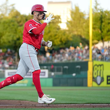 May 21, 2025; West Sacramento, California, USA; Los Angeles Angels shortstop Zach Neto (9) rounds third base after hitting a two-run home run against the Athletics in the third inning at Sutter Health Park. Mandatory Credit: Cary Edmondson-Imagn Images