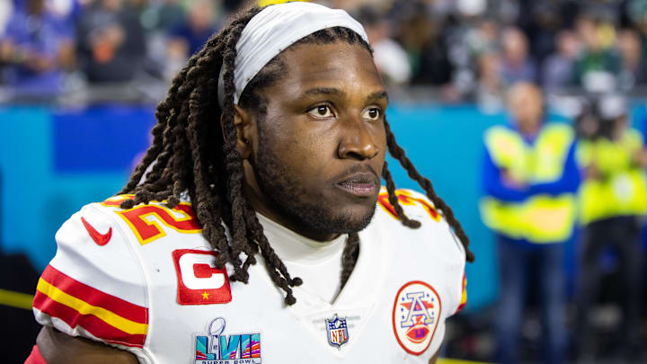 Feb 12, 2023; Glendale, Arizona, US; Kansas City Chiefs linebacker Nick Bolton (32) against the Philadelphia Eagles during Super Bowl LVII at State Farm Stadium. Mandatory Credit: Mark J. Rebilas-Imagn Images