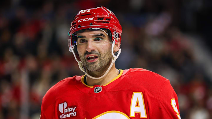 Jan 23, 2026; Calgary, Alberta, CAN; Calgary Flames center Nazem Kadri (91) against the Washington Capitals during the second period at Scotiabank Saddledome. Mandatory Credit: Sergei Belski-Imagn Images