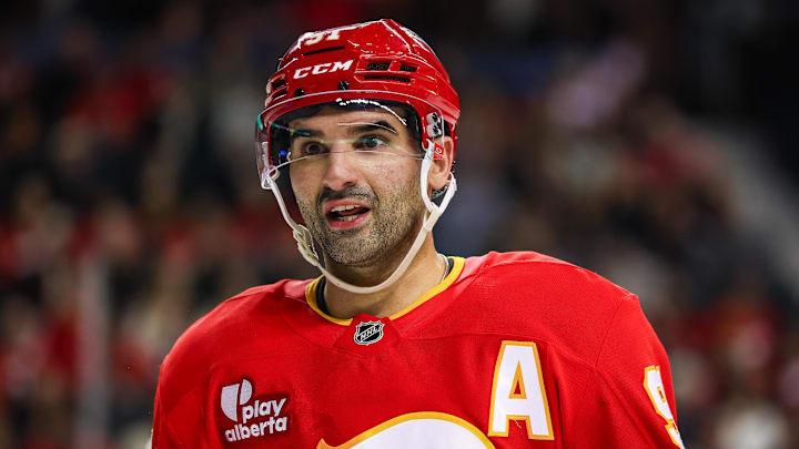 Jan 23, 2026; Calgary, Alberta, CAN; Calgary Flames center Nazem Kadri (91) against the Washington Capitals during the second period at Scotiabank Saddledome. Mandatory Credit: Sergei Belski-Imagn Images