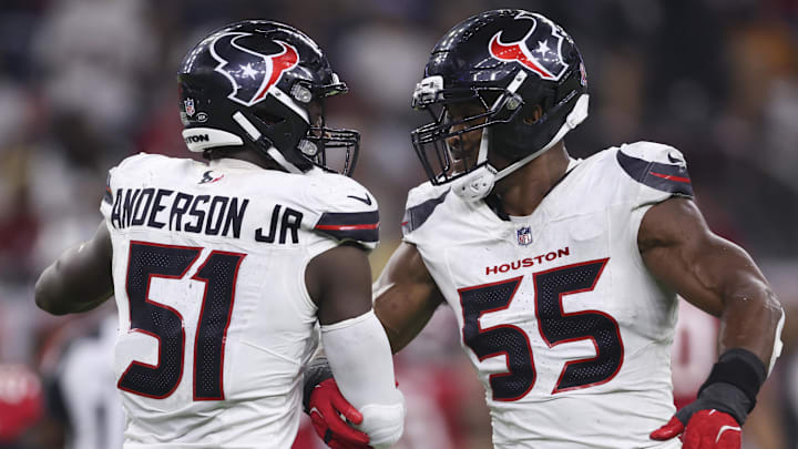 Sep 15, 2025; Houston, Texas, USA; Houston Texans defensive end Will Anderson Jr. (51) celebrates with defensive end Danielle Hunter (55) after a defensive play during the fourth quarter against the Tampa Bay Buccaneers at NRG Stadium. Mandatory Credit: Troy Taormina-Imagn Images