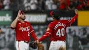 Jul 25, 2025; St. Louis, Missouri, USA;  St. Louis Cardinals third baseman Nolan Arenado (28) celebrates with first baseman Willson Contreras (40) after the Cardinals defeated the San Diego Padres at Busch Stadium. Mandatory Credit: Jeff Curry-Imagn Images
