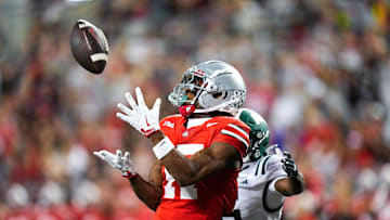 Ohio State Buckeyes wide receiver Carnell Tate (17) catches a pass against the Ohio Bobcats in the second half at the Ohio Stadium on Saturday, Sept. 13, 2025 in Columbus, Ohio.