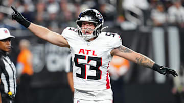 Dec 16, 2024; Paradise, Nevada, USA; Atlanta Falcons linebacker Nate Landman (53) celebrates after the Falcons sacked Las Vegas Raiders quarterback Desmond Ridder (10) in the end zone during the second quarter at Allegiant Stadium. Mandatory Credit: Stephen R. Sylvanie-Imagn Images