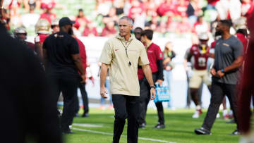 Aug 24, 2024; Dublin, IRL; Florida State University head coach Mike Norvell before the game against Georgia Tech  at Aviva Stadium. Mandatory Credit: Tom Maher/INPHO via USA TODAY Sports