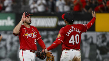 Jul 25, 2025; St. Louis, Missouri, USA;  St. Louis Cardinals third baseman Nolan Arenado (28) celebrates with first baseman Willson Contreras (40) after the Cardinals defeated the San Diego Padres at Busch Stadium. Mandatory Credit: Jeff Curry-Imagn Images
