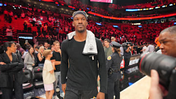 Jan 19, 2025; Miami, Florida, USA;  Miami Heat forward Jimmy Butler (22) walks off the court after greeting court-side friends following the victory over the San Antonio Spurs at Kaseya Center. Mandatory Credit: Jim Rassol-Imagn Images