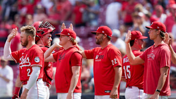 The Cincinnati Reds celebrate a 4-2 win against the Colorado Rockies, Sunday, July 13, 2025, at Great American Ball Park in Downtown Cincinnati.
