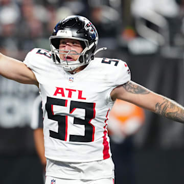 Dec 16, 2024; Paradise, Nevada, USA; Atlanta Falcons linebacker Nate Landman (53) celebrates after the Falcons sacked Las Vegas Raiders quarterback Desmond Ridder (10) in the end zone during the second quarter at Allegiant Stadium. Mandatory Credit: Stephen R. Sylvanie-Imagn Images