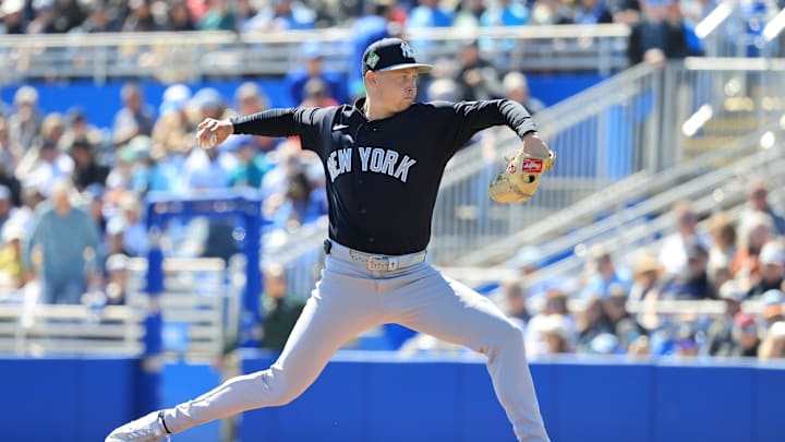Feb 24, 2026; Dunedin, Florida, USA;  New York Yankees starting pitcher Will Warren (98) throws a pitch during the first inning against the Toronto Blue Jays at TD Ballpark. Mandatory Credit: Kim Klement Neitzel-Imagn Images