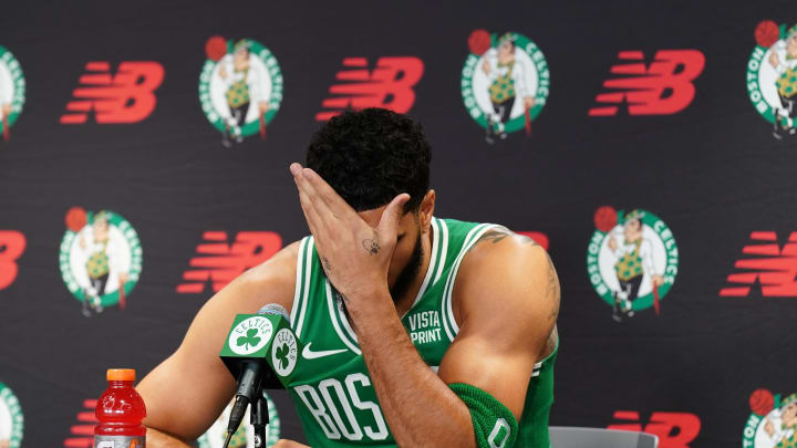 Oct 2, 2023; Boston, Celtics, USA; Boston Celtics forward Jayson Tatum (0) talks with sports media during Boston Celtics Media Day. Mandatory Credit: David Butler II-USA TODAY Sports