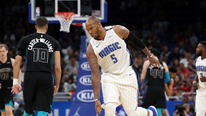Feb 14, 2018; Orlando, FL, USA; Orlando Magic forward Marreese Speights (5) celebrates as he makes a three pointers against the Charlotte Hornets during the first quarter at Amway Center. Mandatory Credit: Kim Klement-Imagn Images