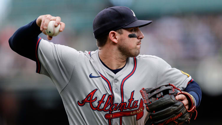 Aug 11, 2024; Denver, Colorado, USA; Atlanta Braves third baseman Austin Riley (27) throws to first for an out in the fifth inning against the Colorado Rockies at Coors Field. Mandatory Credit: Isaiah J. Downing-USA TODAY Sports