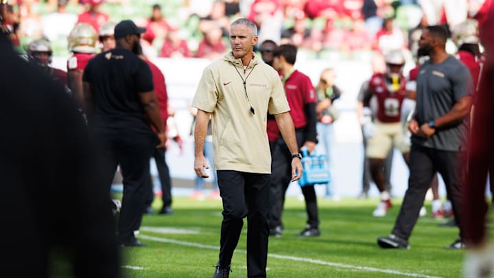 Aug 24, 2024; Dublin, IRL; Florida State University head coach Mike Norvell before the game against Georgia Tech  at Aviva Stadium. Mandatory Credit: Tom Maher/INPHO via USA TODAY Sports