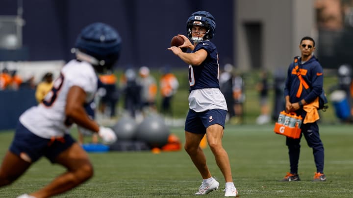 Jul 26, 2024; Englewood, CO, USA; Denver Broncos quarterback Bo Nix (10) during training camp at Broncos Park Powered by CommonSpirit. Mandatory Credit: Isaiah J. Downing-USA TODAY Sports